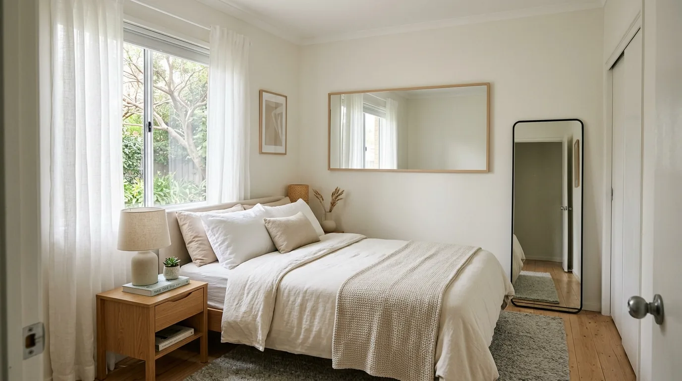 Use vertical storage instead of wider pieces inspiration for a small bedroom.